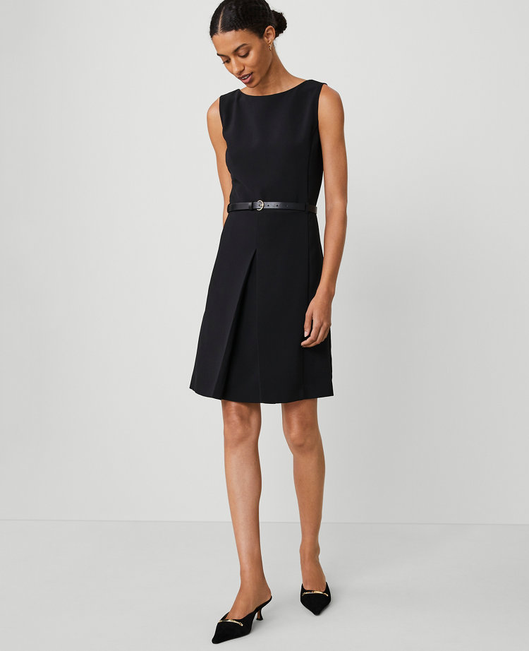 Petite Boatneck Pleat Front Belted Sheath Dress