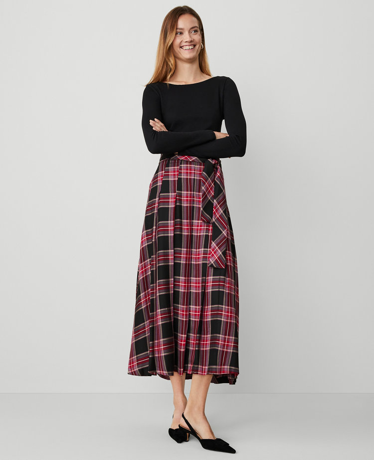 Plaid Tie-Waist Pleated Midi Skirt