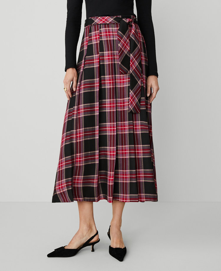 Plaid Tie-Waist Pleated Midi Skirt