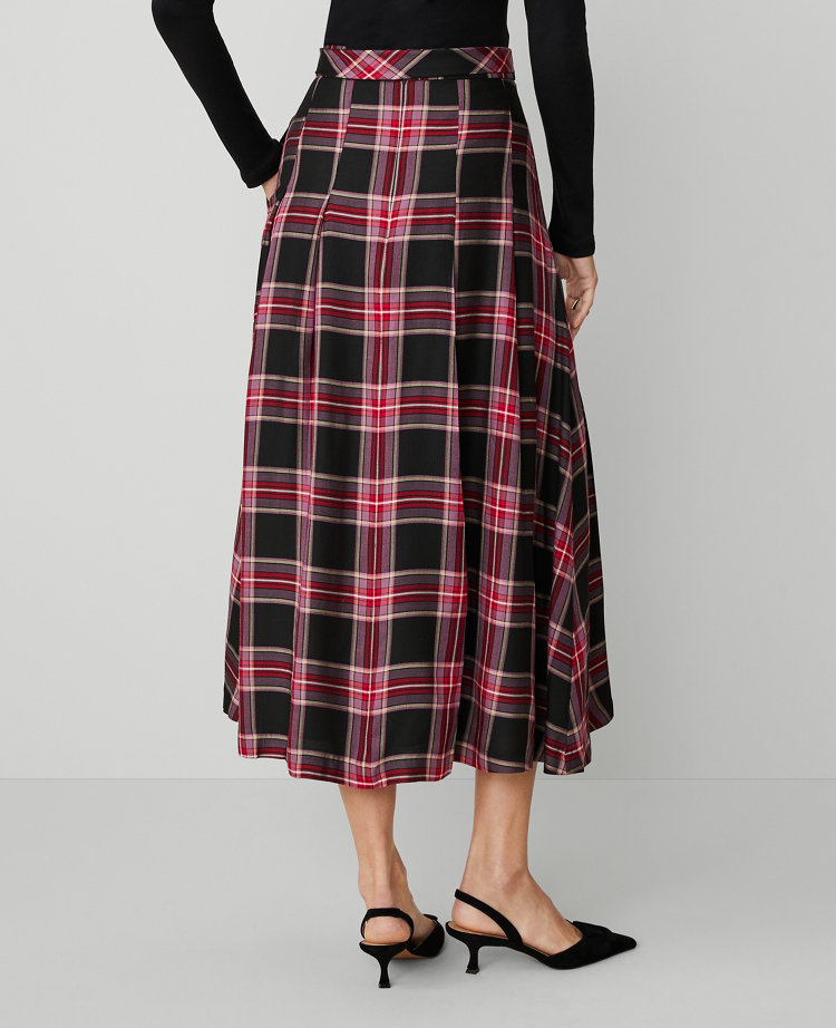 Plaid Tie-Waist Pleated Midi Skirt