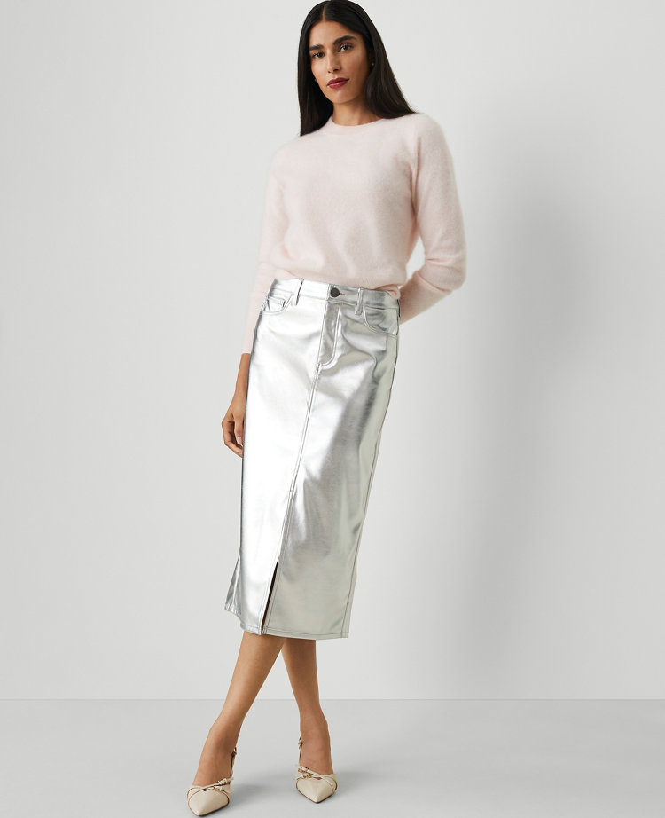 Metallic Faux-Leather Column Midi Skirt