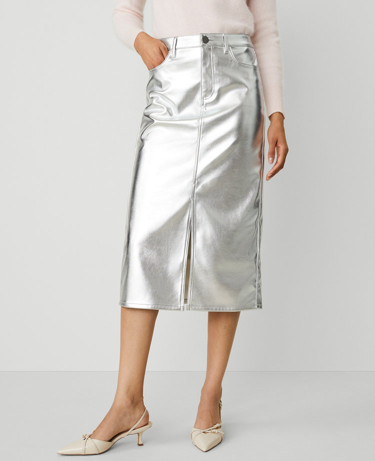 Metallic Faux-Leather Column Midi Skirt