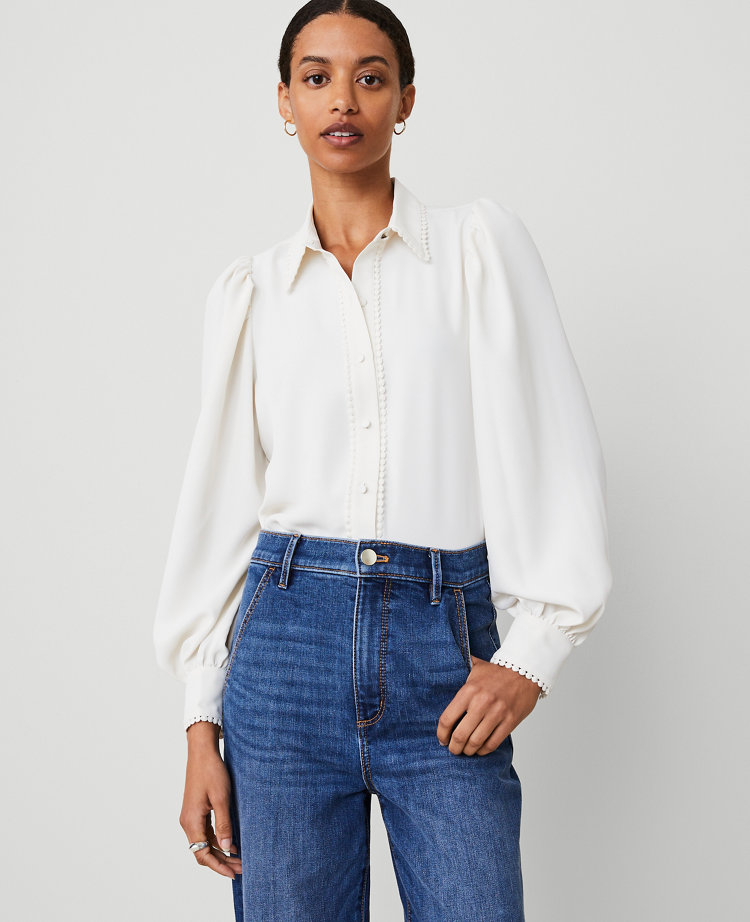 Petite Bobble Trim Collared Puff Sleeve Shirt