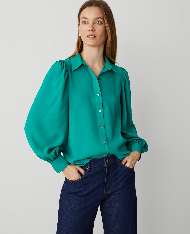 Petite Collared Puff Sleeve Shirt - Jasper Glow