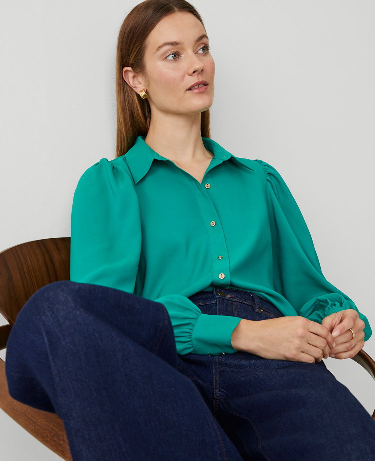 Petite Collared Puff Sleeve Shirt