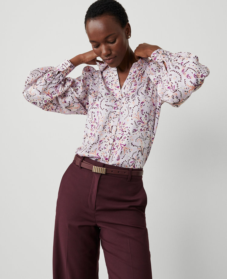 Petite Paisley Collared Puff Sleeve Shirt