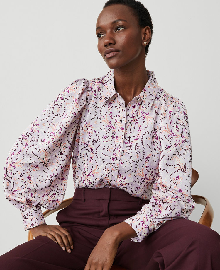 Petite Paisley Collared Puff Sleeve Shirt