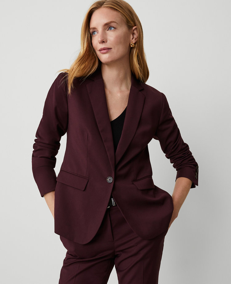 The Petite Notched One Button Blazer in Wool Blend Stretch