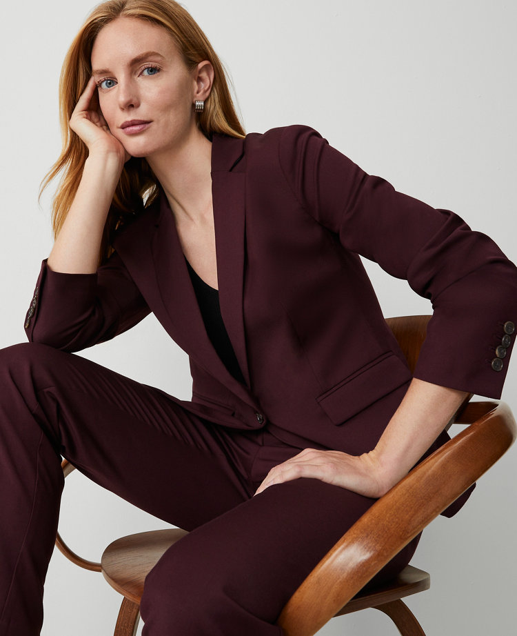 The Petite Notched One Button Blazer in Wool Blend Stretch