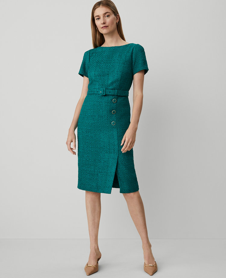 Petite Tweed Belted Button Midi Sheath Dress