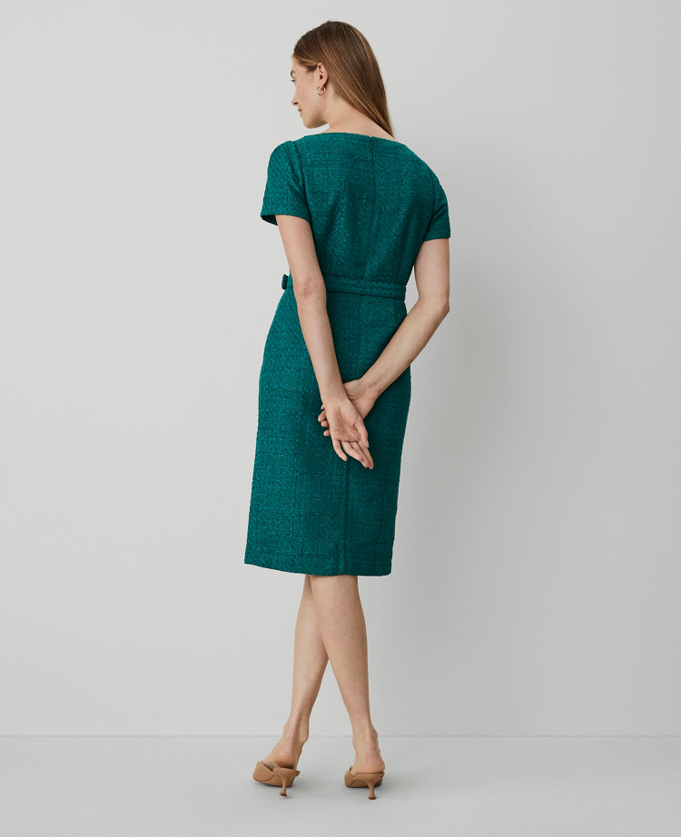 Petite Tweed Belted Button Midi Sheath Dress