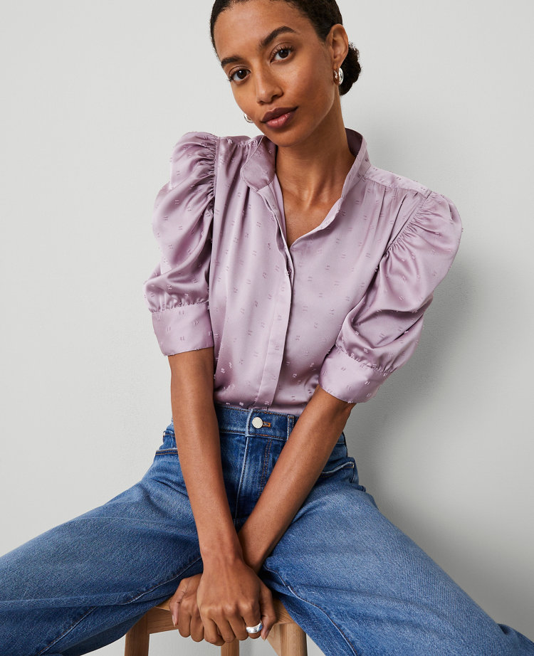 Ann Taylor Petite Satin Clip Shirred Puff Sleeve Top Size Small Sunset Lavender Women's