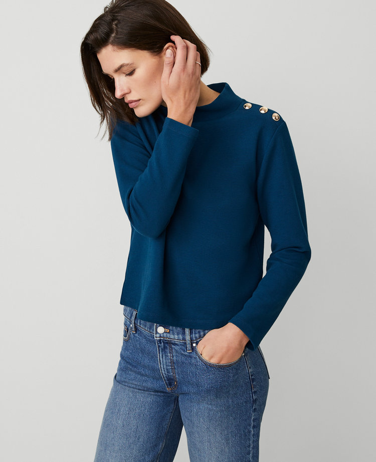 Shoulder Button Mock Neck Top