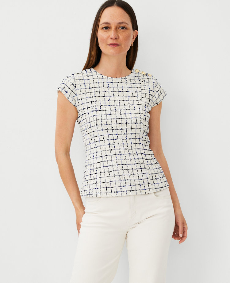 Ann Taylor Tweed Button Top Blue Lake Women's