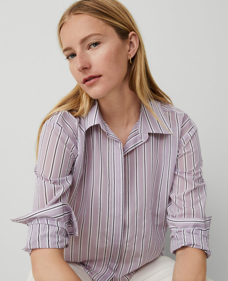 Ann Taylor AT Weekend Striped Cotton Blend Shirt Pink Multi Women's