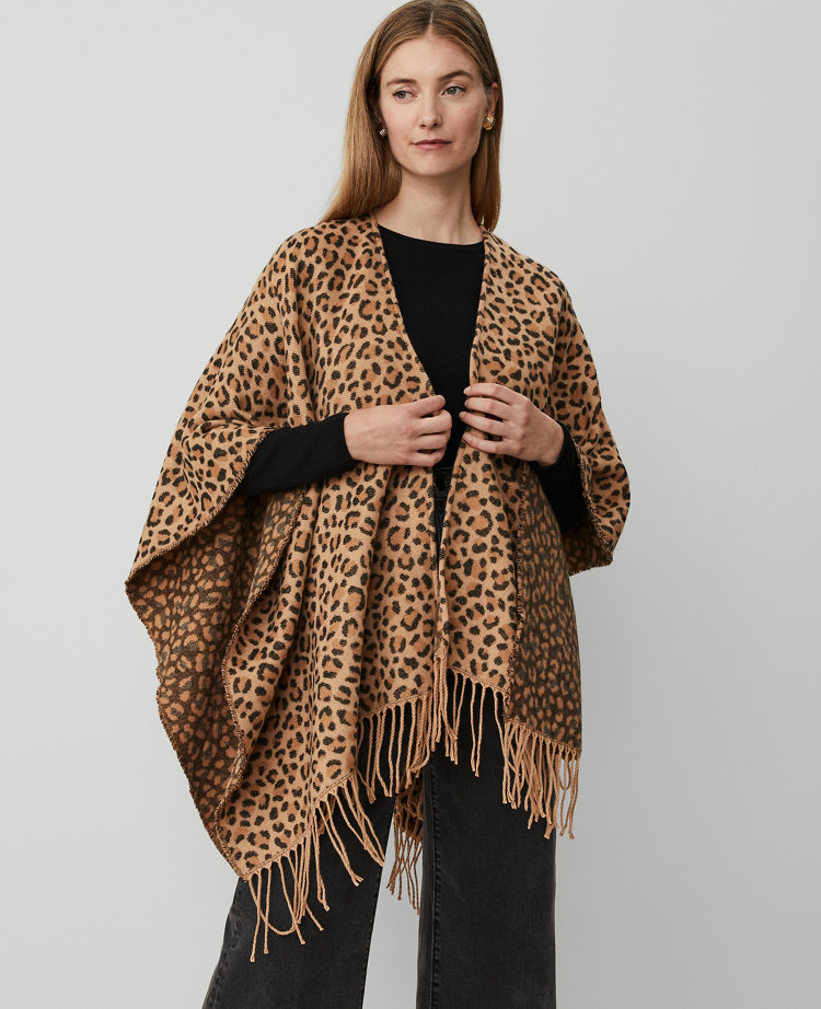 Ann Taylor Animal Print Open Front Poncho Brown Multi Women's