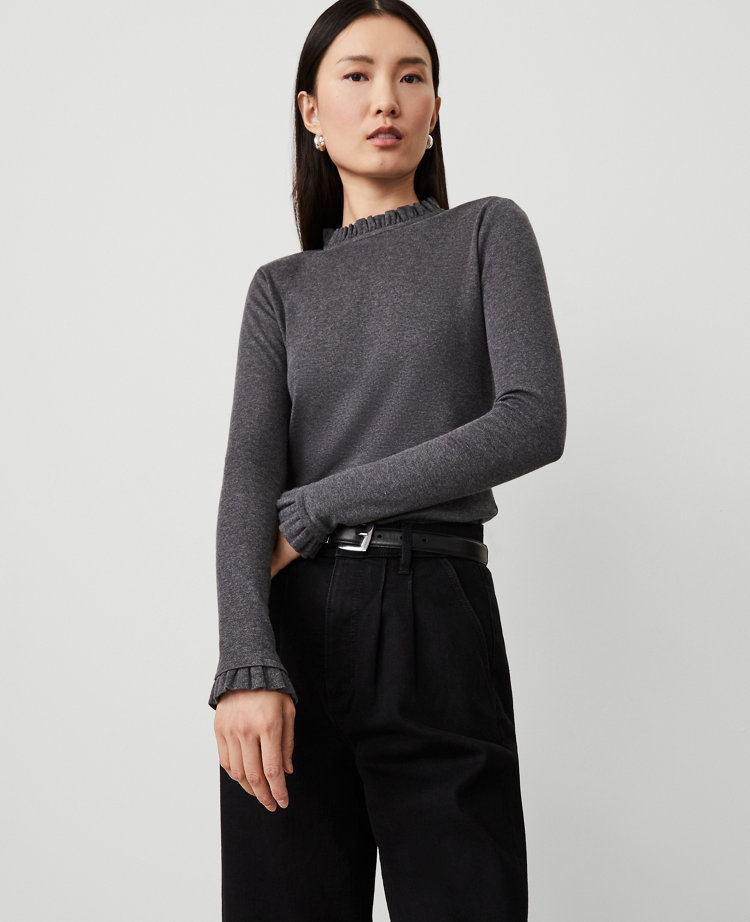Kara High-Low Ruffle Trim Top Grey
