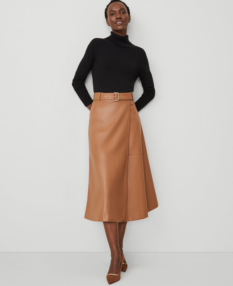 Faux Leather Belted Wrap Skirt