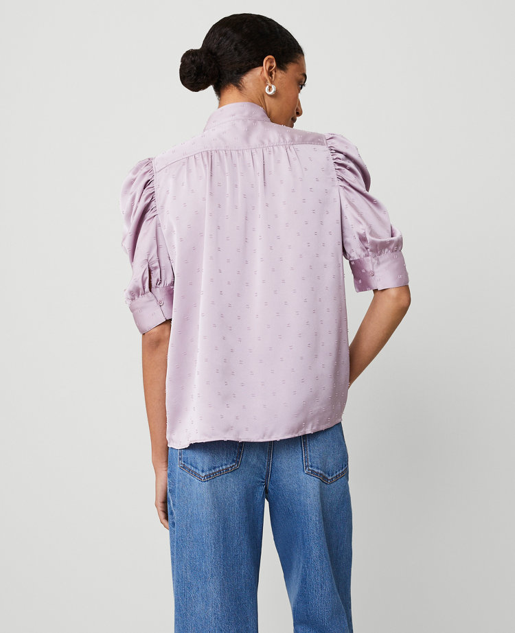 Ann Taylor Satin Clip Shirred Puff Sleeve Top Sunset Lavender Women's