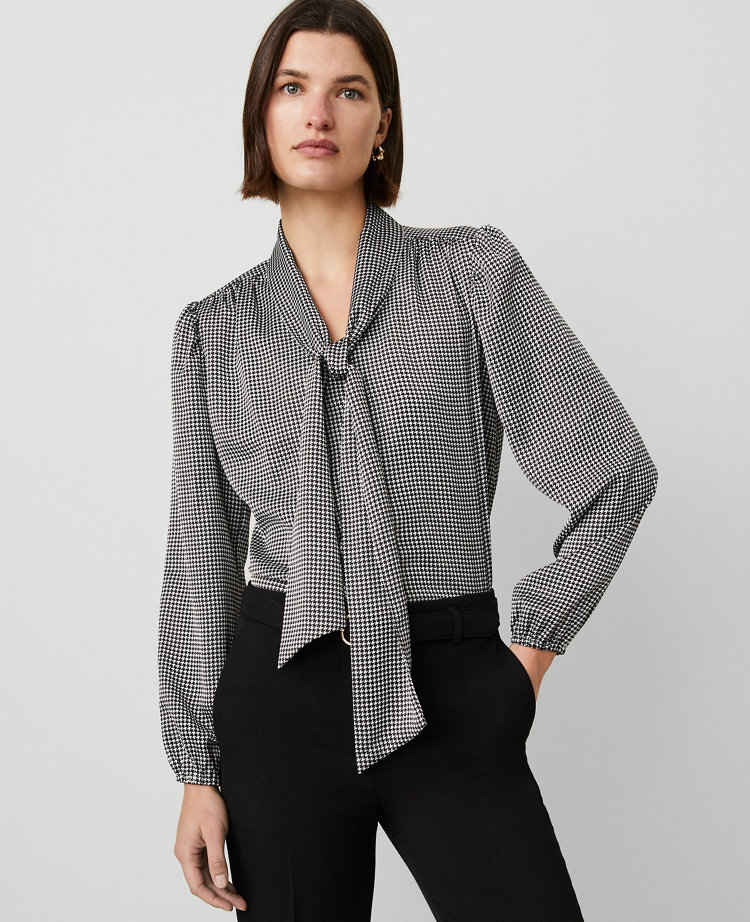 Houndstooth Tie Neck Blouse