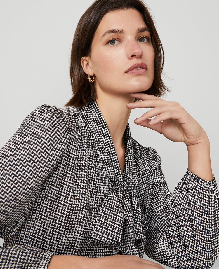 Houndstooth Tie Neck Blouse