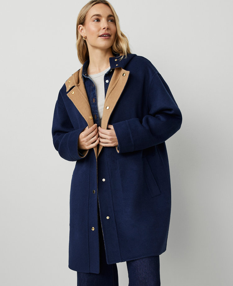 Petite Doubleface Hooded Snap Front Coat