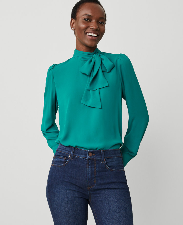 Ann Taylor Mock Tie Neck Puff Sleeve Blouse Green Marais Women's