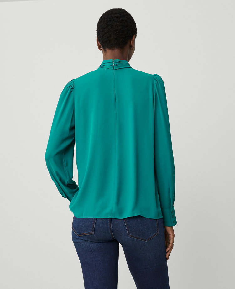 Ann Taylor Mock Tie Neck Puff Sleeve Blouse Green Marais Women's