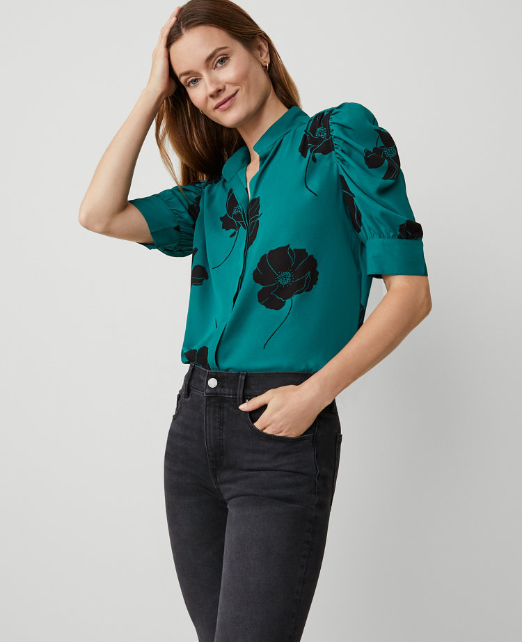 Ann Taylor Floral Shirred Puff Sleeve Top