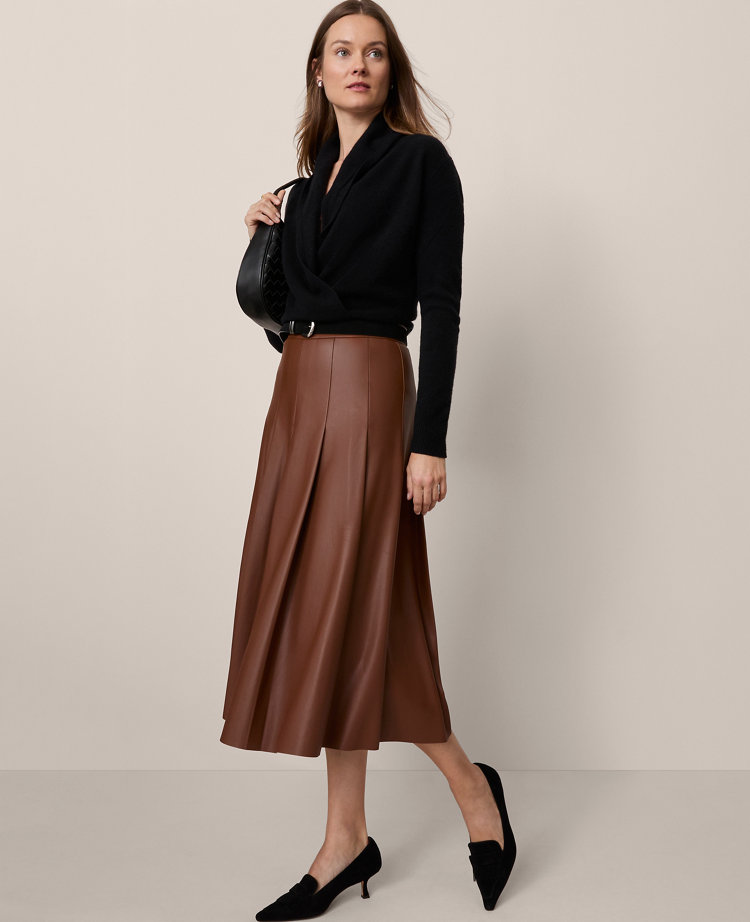 Petite Faux Leather Pleated Midi Skirt