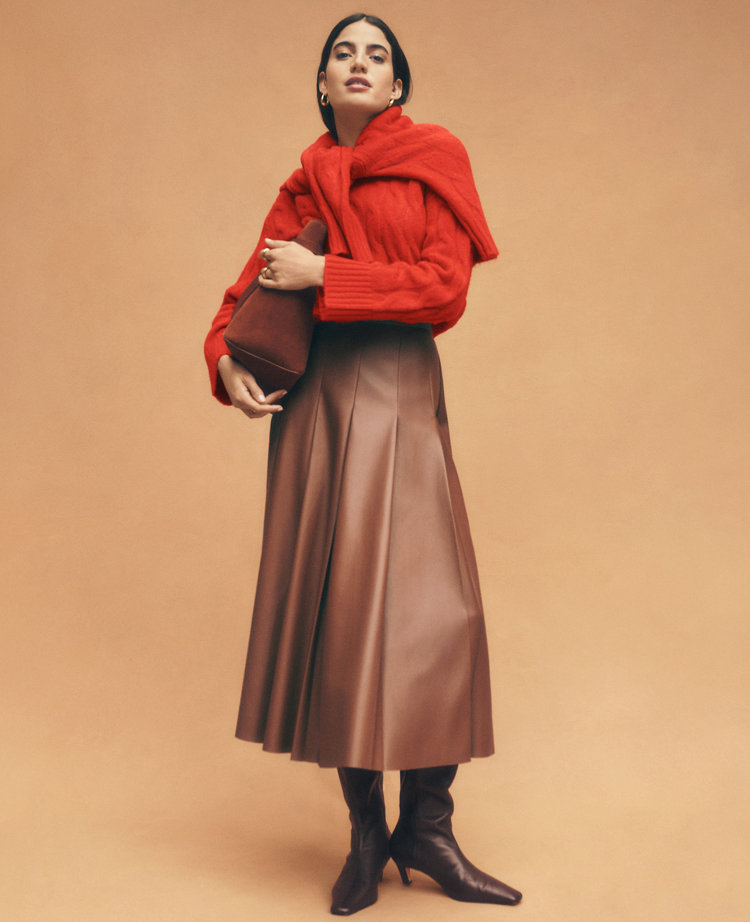 Petite Faux Leather Pleated Midi Skirt