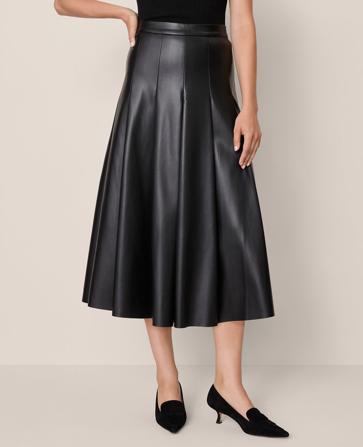 Petite Faux Leather Pleated Midi Skirt