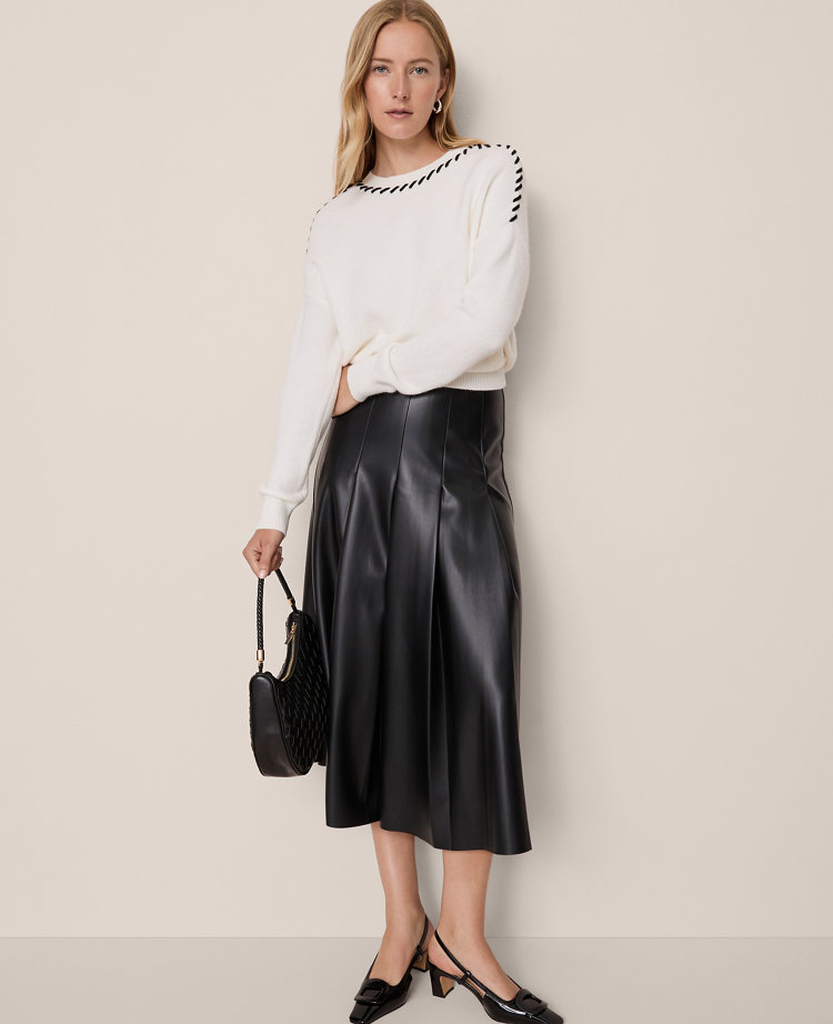 Petite Faux Leather Pleated Midi Skirt