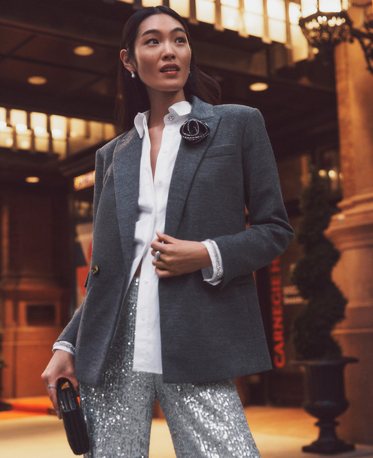 The Petite Relaxed Double Breasted Long Blazer in Twill