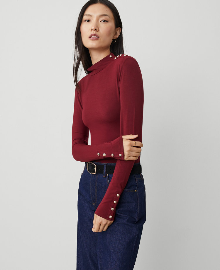 Petite Mock Neck Button Top