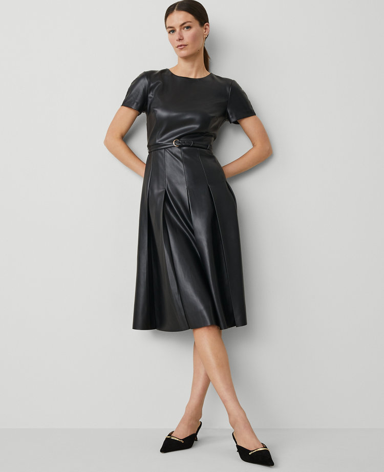 Petite Faux Leather Pleated Midi Dress