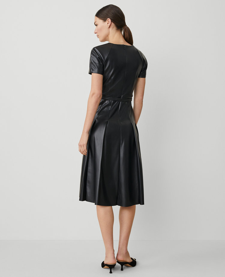 Petite Faux Leather Pleated Midi Dress