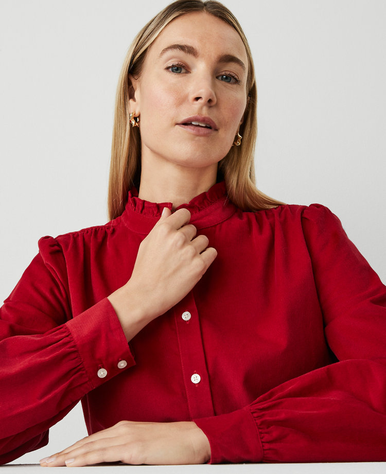 Petite Corduroy Ruffle Neck Shirt