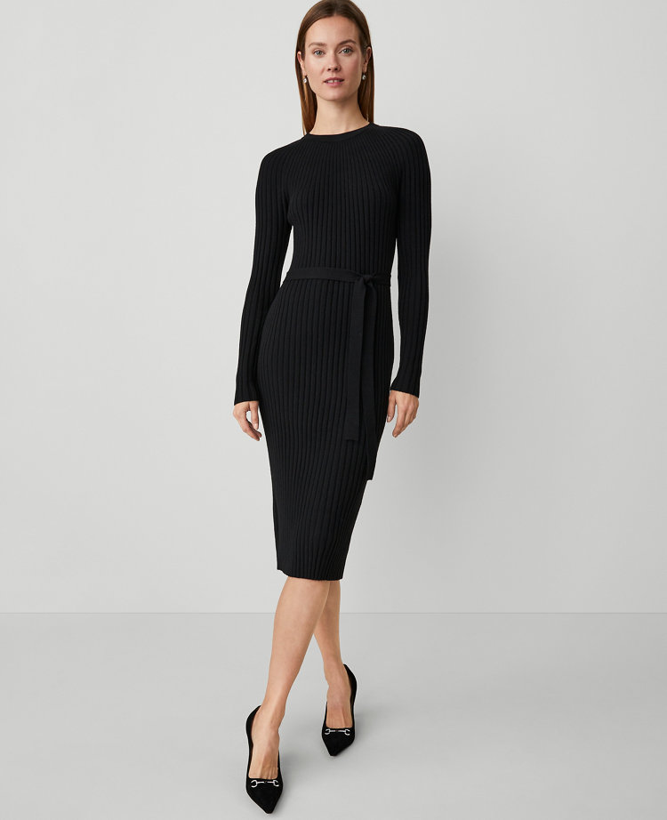 Petite Ribbed Belted Column Sweater Dress