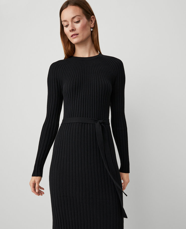 Petite Ribbed Belted Column Sweater Dress