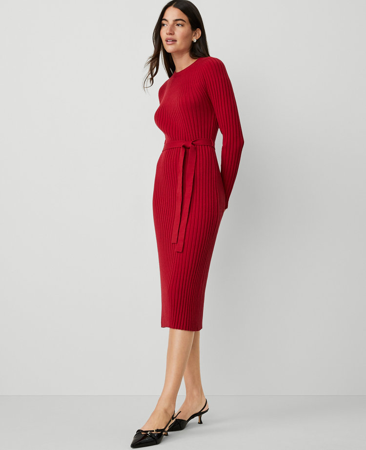 Petite Ribbed Belted Column Sweater Dress