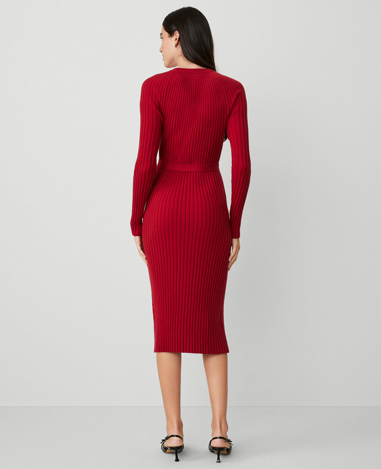 Petite Ribbed Belted Column Sweater Dress