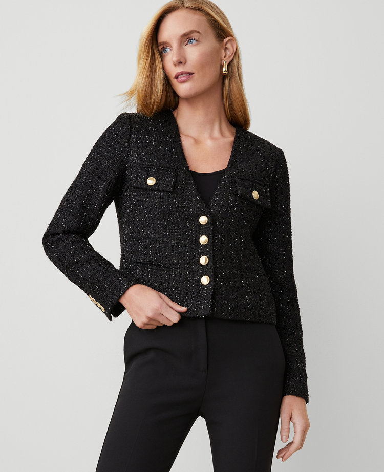 Petite Metallic Tweed Button Front Jacket