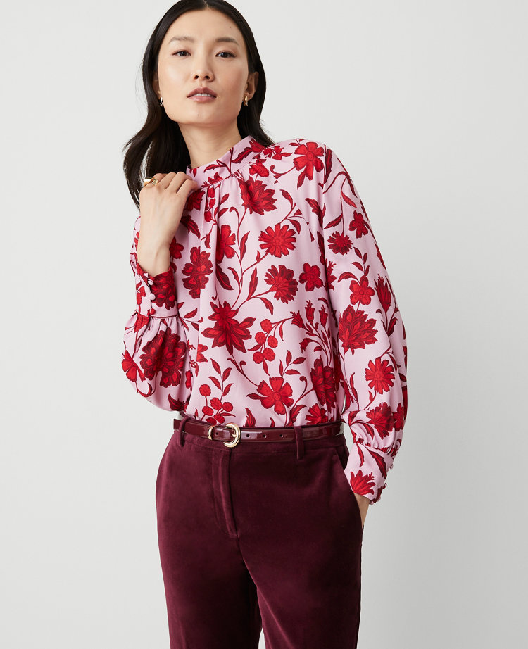Petite Floral Mock Neck Shirred Front Popover