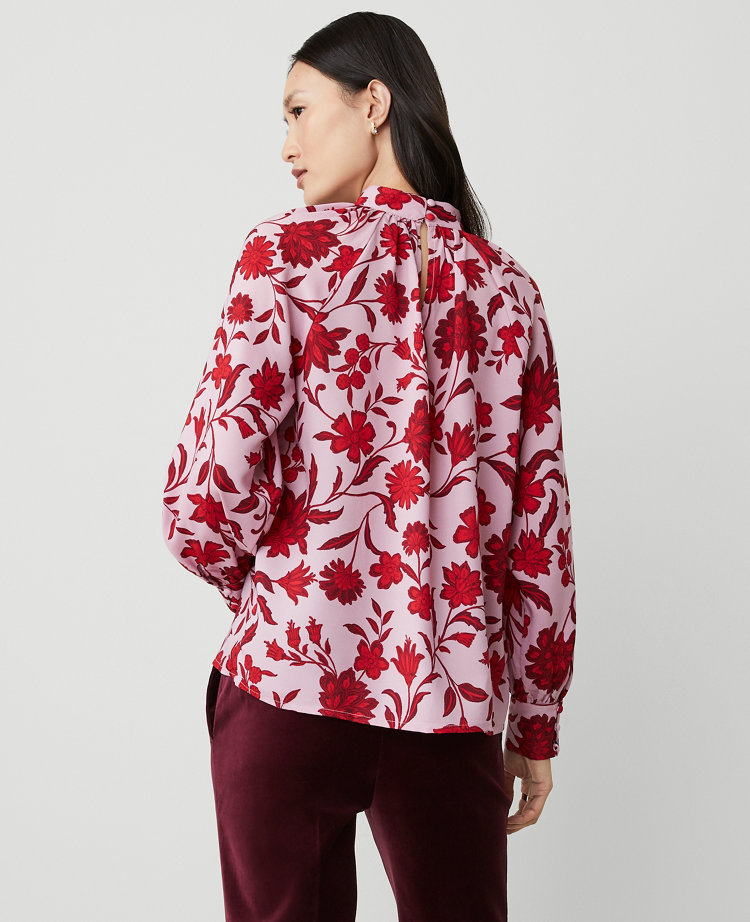 Petite Floral Mock Neck Shirred Front Popover