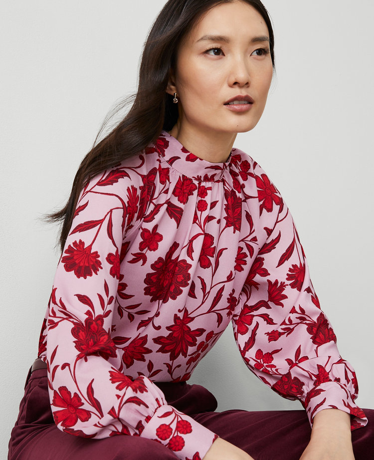 Petite Floral Mock Neck Shirred Front Popover