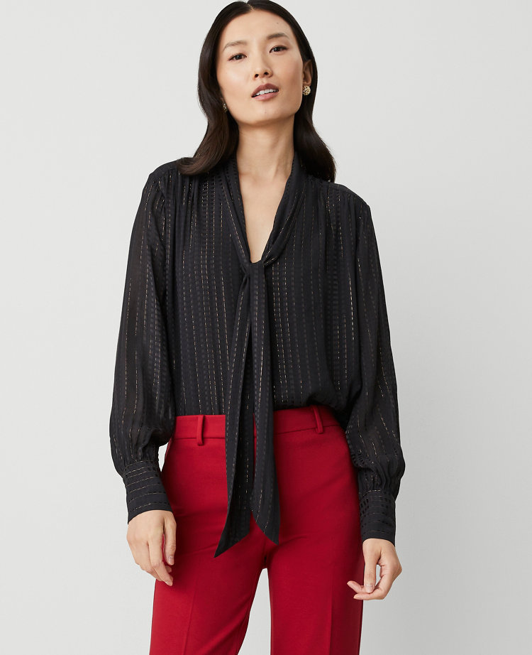 Petite Metallic Stripe V-Neck Bow Blouse