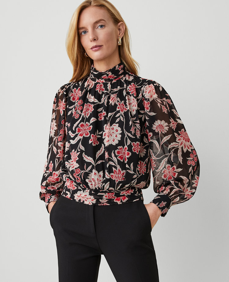 Petite Floral Shirred Banded Hem Popover carousel Product Image 2