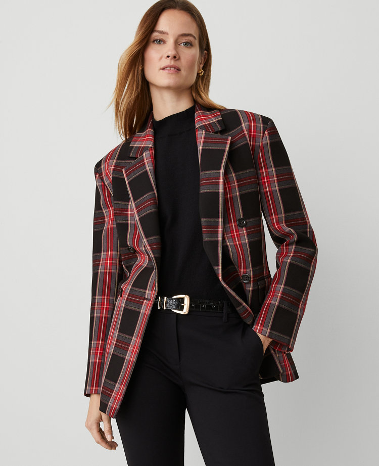 Petite Plaid Relaxed Double Breasted Blazer