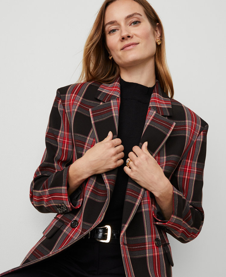 Petite Plaid Relaxed Double Breasted Blazer